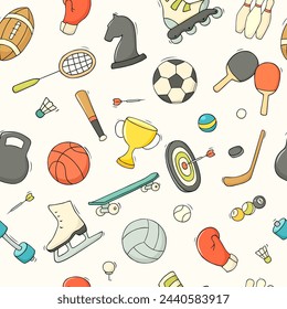 Doodle sports icons with ball, cup, dumbbell, tennis racket. Hand drawn seamless pattern with sport games and training equipment, vector illustration