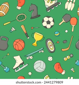 Doodle sports icons with ball, cup, dumbbell, tennis racket. Hand drawn seamless pattern with sport games and training equipment, vector illustration