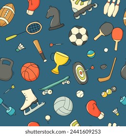 Doodle iconos deportivos con bola, taza, mancuerna, raqueta de tenis. Patrón sin fisuras dibujado a mano con juegos deportivos y equipo de entrenamiento, ilustración vectorial