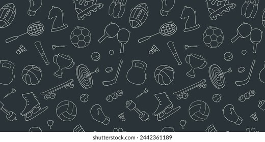 Doodle sports icons with ball, cup, dumbbell, tennis racket. Hand drawn seamless pattern with sport games and training equipment, vector illustration