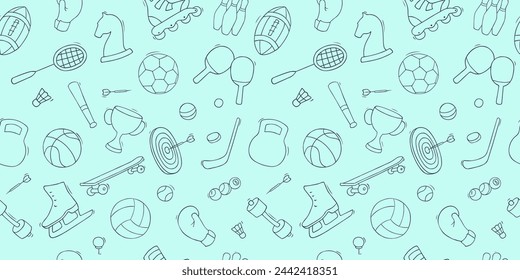 Doodle sports icons with ball, cup, dumbbell, tennis racket. Hand drawn seamless pattern with sport games and training equipment, vector illustration