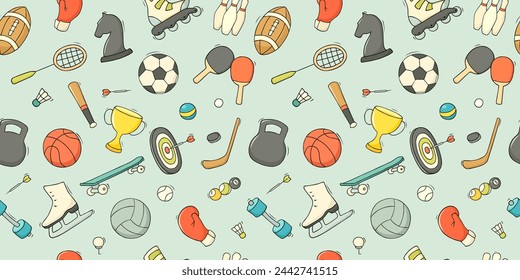 Doodle sports icons with ball, cup, dumbbell, tennis racket. Hand drawn seamless pattern with sport games and training equipment, vector illustration