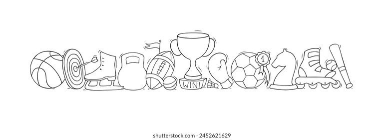 Doodle iconos deportivos con bola, taza, mancuerna, fútbol. Anuncio dibujado a mano con juegos deportivos y equipo de entrenamiento, Ilustración vectorial