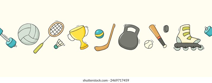 Doodle iconos deportivos con bola, taza, mancuerna, raqueta de tenis. Borde sin costuras dibujado a mano con juegos deportivos y equipos de entrenamiento, Ilustración vectorial