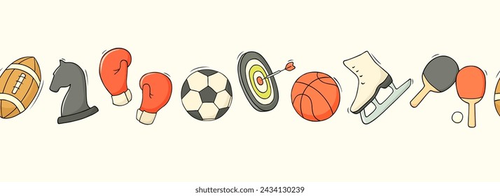 Doodle sports icons with balls for soccer, basketball, rugby, boxing gloves, skates and chess piece. Hand drawn seamless border with sport games and training equipment, vector illustration