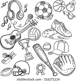 Doodle Sports Icons. Vector Illustration. Sketchy Illustration Hand Drawn, Vector Object Isolated