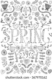 Doodle spring background in vector with doodles, flowers letters. Vector garden pattern can be used for wallpaper, pattern fills, coloring books and pages for kids and adults. Black and white.