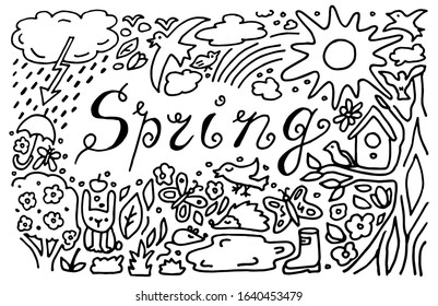Doodle Spring. Birds, sky, aminals. Vector sketchy line art Doodle cartoon set of objects and symbols on the Spring nature theme. White background