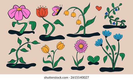 Doodle spring colorful flower elements. Cartoon isolated vector illustration.