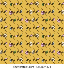 doodle spring flowers on a vibrant yellow background seamless vector pattern