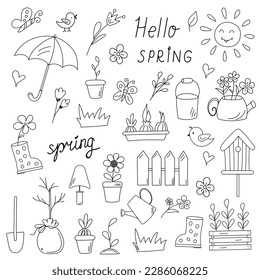 Doodle spring icons set. Hand drawn isolated elements and phrase. Springtime, gardening concepts. Line art.  Umbrella, fence watering can, bouquet of flowers, birds, sun and seedlings in pots. Vector.