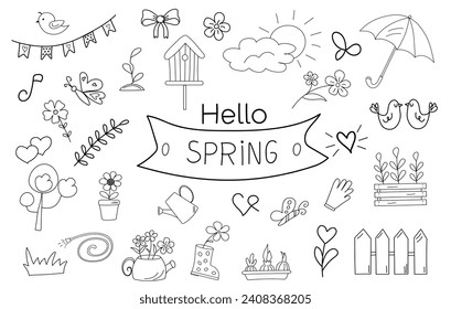  Doodle spring icons set. Hand drawn isolated elements and phrase. Springtime, gardening concepts. Line art. Umbrella, fence watering can, bouquet of flowers, birds, sun and seedlings in pots. Vector.