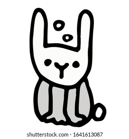 Doodle spring illustration of small rabbit with long ears. Animal is sitting and thinking. Black thick black stroke. Isolated on white.