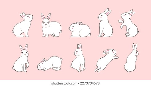 Doodle spring rabbit, running sitting and lying white cute bunny. Happy simple jump line silhouettes, vintage Easter sleep baby animal isolated on pink. Vector utter illustration icons