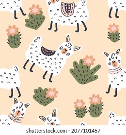 Doodle spring seamless pattern of alpacas and blooming cactuses. Perfect for T-shirt, textile and print. Hand drawn vector illustration for decor and design.