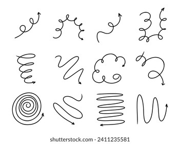 Doodle spring and spiral arrows set, hand drawn coil icons. Vector flexible lines for your design