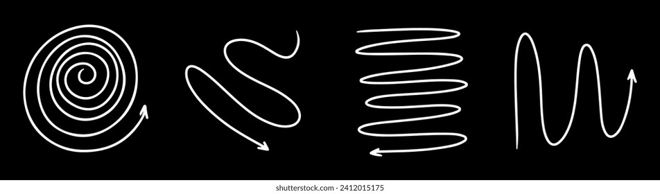 Muelle del perro y flechas de espiral, iconos de bobina dibujados a mano. Líneas flexibles de vectores para su diseño