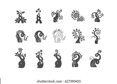 Doodle sprout and plant logo illustration icon set. Black silhouettes of magic bean sprouts with curls on a white background