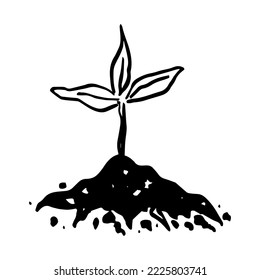 Doodle Sprout. A small plant is breaking out of the ground. Hand drawn sketch. Vector illustration isolated on white.