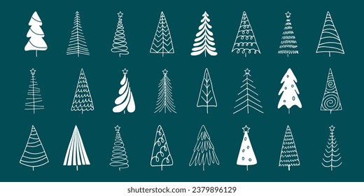 Fira blanca de abeto de pino de doodle dibujada aislada en verde. Resumen de la simple colección de árboles de Navidad dibujada a mano. Símbolo de vacaciones de invierno. Elemento de diseño