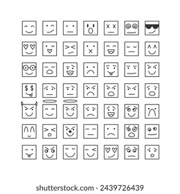 Doodle Square Faces Conjunto de cómics. Carcajadas, Felices, Confundidas, Tristes, Enojadas, Ofendidas, Guiñando, Enamoradas. Colección Emoticon with Different Emotions. Ilustración vectorial de iconos de emoticonos. 