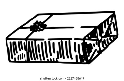 Doodle of square gift box. Holiday attribute sketch. Hand drawn vector illustration. Single outline clipart isolated on white.