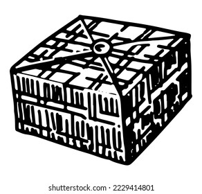 Doodle of square gift box. Holiday attribute sketch. Hand drawn vector illustration. Single outline clipart isolated on white.