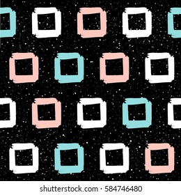 Doodle square on black seamless background. Pink, white and blue. Abstract square pattern for card, wallpaper, album, scrapbook, holiday wrapping paper, textile fabric, garment, t-shirt design etc.