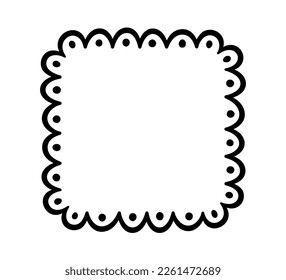 Doodle square scalloped frame. Hand drawn scalloped edge rectangle shape. Simple square label form. Flower silhouette lace frame. Vector illustration isolated on white background.