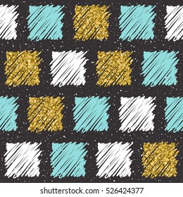 Doodle square seamless background. White, blue, gold square. Abstract square seamless pattern for card, invitation, album, scrapbook, holiday wrapping paper, textile fabric, garment etc. Gold texture
