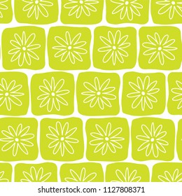Doodle squares lime with white flowers on a white background. Seamless vector pattern. Perfect for backgrounds, fabric, packaging, and wallpaper projects.