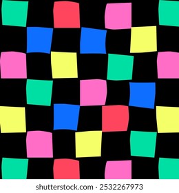 Doodle vierkanten naadloos patroon.Kleurrijke geometrische vorm herhaalde patroon geïsoleerd op zwarte achtergrond.Vector grafische illustratie abstracte achtergrond.