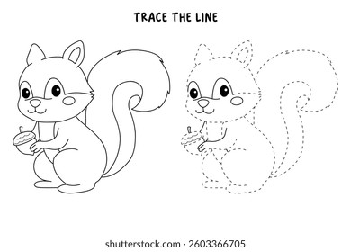 Doodle squirrel coloring pages for kids. Trace and color squirrel. Cute squirrel with acorn coloring page autumn holiday seasons worksheet for kids, kindergarten and preschool activity.