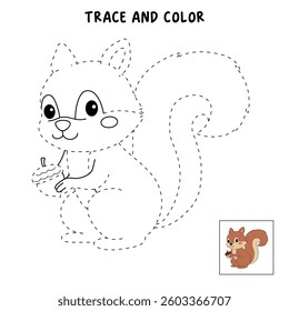 Doodle squirrel coloring pages for kids. Trace and color squirrel. Cute squirrel with acorn coloring page autumn holiday seasons worksheet for kids, kindergarten and preschool activity.