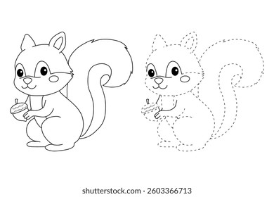 Doodle squirrel coloring pages for kids. Trace and color squirrel. Cute squirrel with acorn coloring page autumn holiday seasons worksheet for kids, kindergarten and preschool activity.
