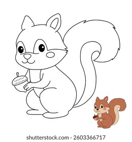Doodle squirrel coloring pages for kids. Trace and color squirrel. Cute squirrel with acorn coloring page autumn holiday seasons worksheet for kids, kindergarten and preschool activity.