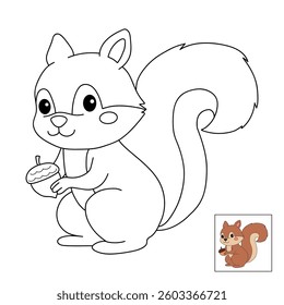 Doodle squirrel coloring pages for kids. Trace and color squirrel. Cute squirrel with acorn coloring page autumn holiday seasons worksheet for kids, kindergarten and preschool activity.