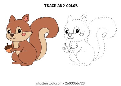 Doodle squirrel coloring pages for kids. Trace and color squirrel. Cute squirrel with acorn coloring page autumn holiday seasons worksheet for kids, kindergarten and preschool activity.