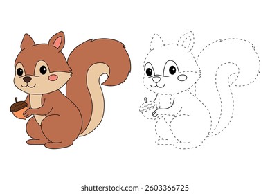 Doodle squirrel coloring pages for kids. Trace and color squirrel. Cute squirrel with acorn coloring page autumn holiday seasons worksheet for kids, kindergarten and preschool activity.