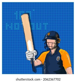 Doodle Sri Lanka Cricket Batter Player And 100 Not Out Font On Blue Grid Background.