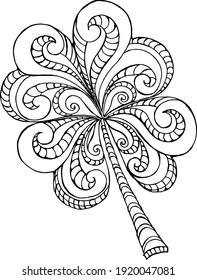 Doodle St Patrick's Day decorative hand drawn Clover Leaf.Vector illustration for coloring book.Illustration of clover leaf on white background.Hand drawn for posters and greeting cards.