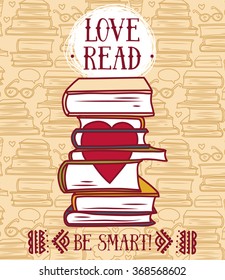 Doodle Stack Of Books With Heart, Can Be Used As Promo Card For Book Club,  Vector Illustration