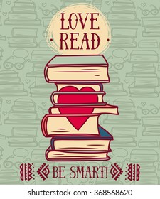 Doodle stack of books with heart, can be used as promo card for book club,  vector illustration