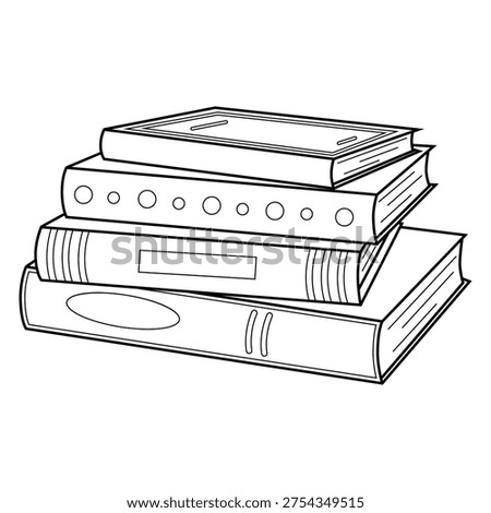 Doodle stack of books in outline style. Hand drawn pile of books with decorative covers. Education, reading, learning concept. Black and white line art vector illustration isolated on white background