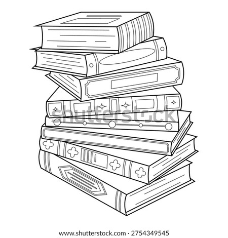 Doodle stack of books in outline style. Hand drawn pile of books with decorative covers. Education, reading, learning concept. Black and white line art vector illustration isolated on white background