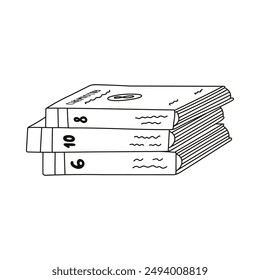 Pila de doodle de libros de texto escolares cerrados sobre diferentes temas. Lindos niños libro académico, literatura, enciclopedia. Suministros escolares para estudiar, leer. Dibujado a mano ilustración de contorno aislado.