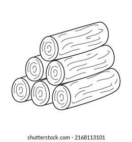 Doodle Una pila de leña, un montón de madera para hacer fuego en una caminata, un camping, un picnic o un viaje por carretera. Troncos de árbol rotos. Esbozar ilustración vectorial en blanco y negro aislada en un fondo blanco.