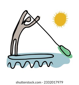 Doodle stand up paddle boarder paddling at sunset on sea. Vector illustration.