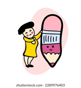 Doodle standing student woman with giant pencil. Drawing, writing, creating, design, blogging concept. Hand drawn vector illustration.
