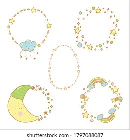 Doodle star and cloud hand draw frame and border colourful set